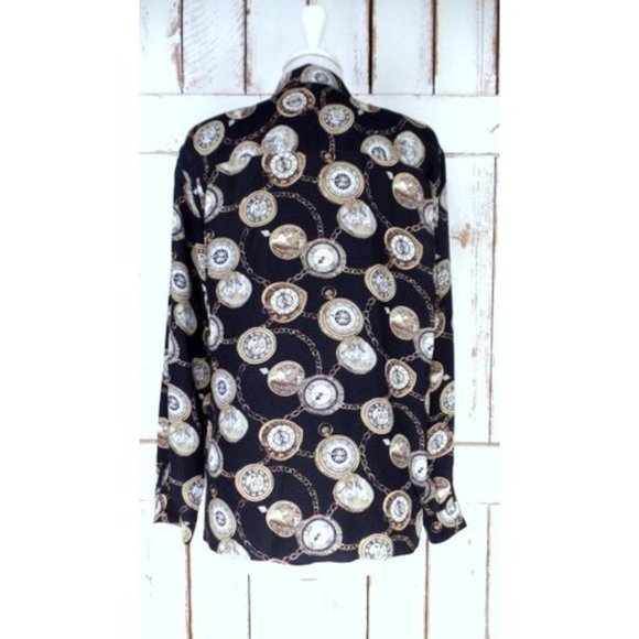 Vintage Ann Taylor Studio black silk clock watch print button down blouse - Picture 5 of 5